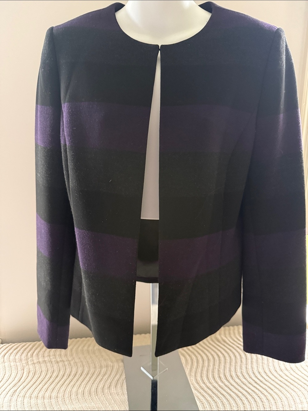 Tahari Purple and Black Open-Front Collarless Blazer